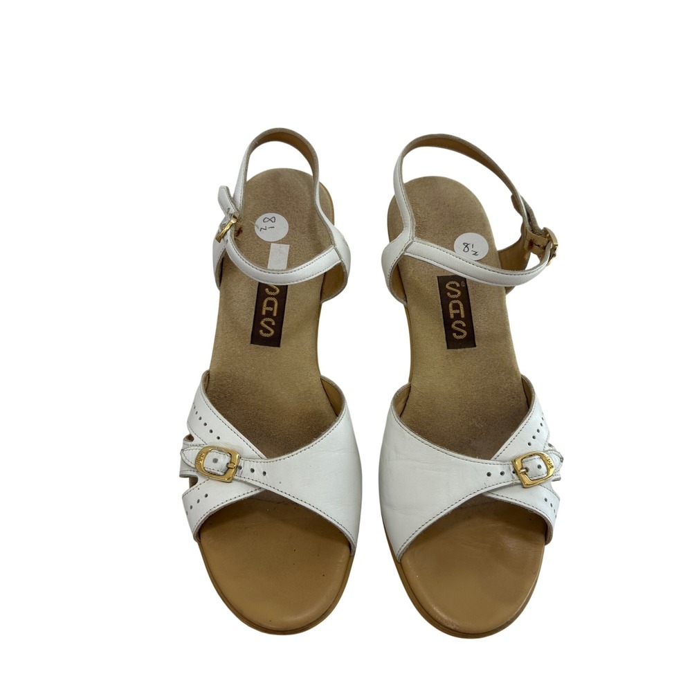 SAS Women White Leather Wedge Sandals Slingback Comfort Buckle 8.5 N 207879